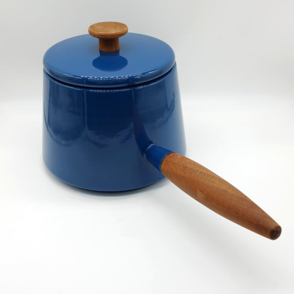 Vintage Copco Michael Lax Design Holland Blue Fondue Pot with Lid & Teak Handle